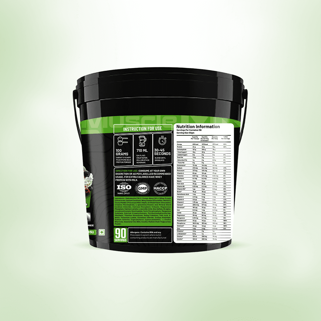 Muscle Reign Prime Bulk Food Supplement in a Black Bucket with Nutrition Information on the Label
