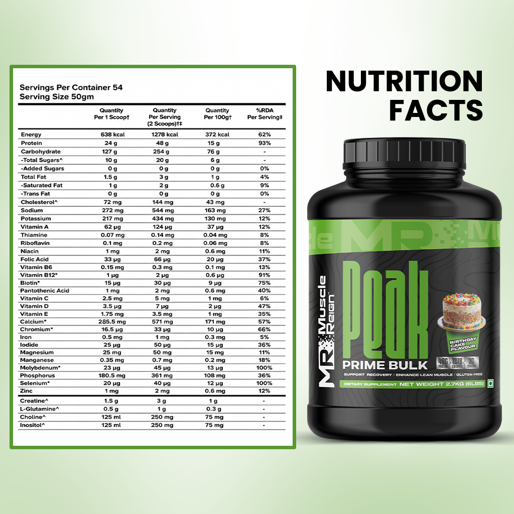 Muscle Reign Prime Bulk food supplement container with nutrition facts for optimal muscle growth
