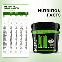 Muscle Reign Prime Bulk food supplement container with detailed nutrition facts label on side