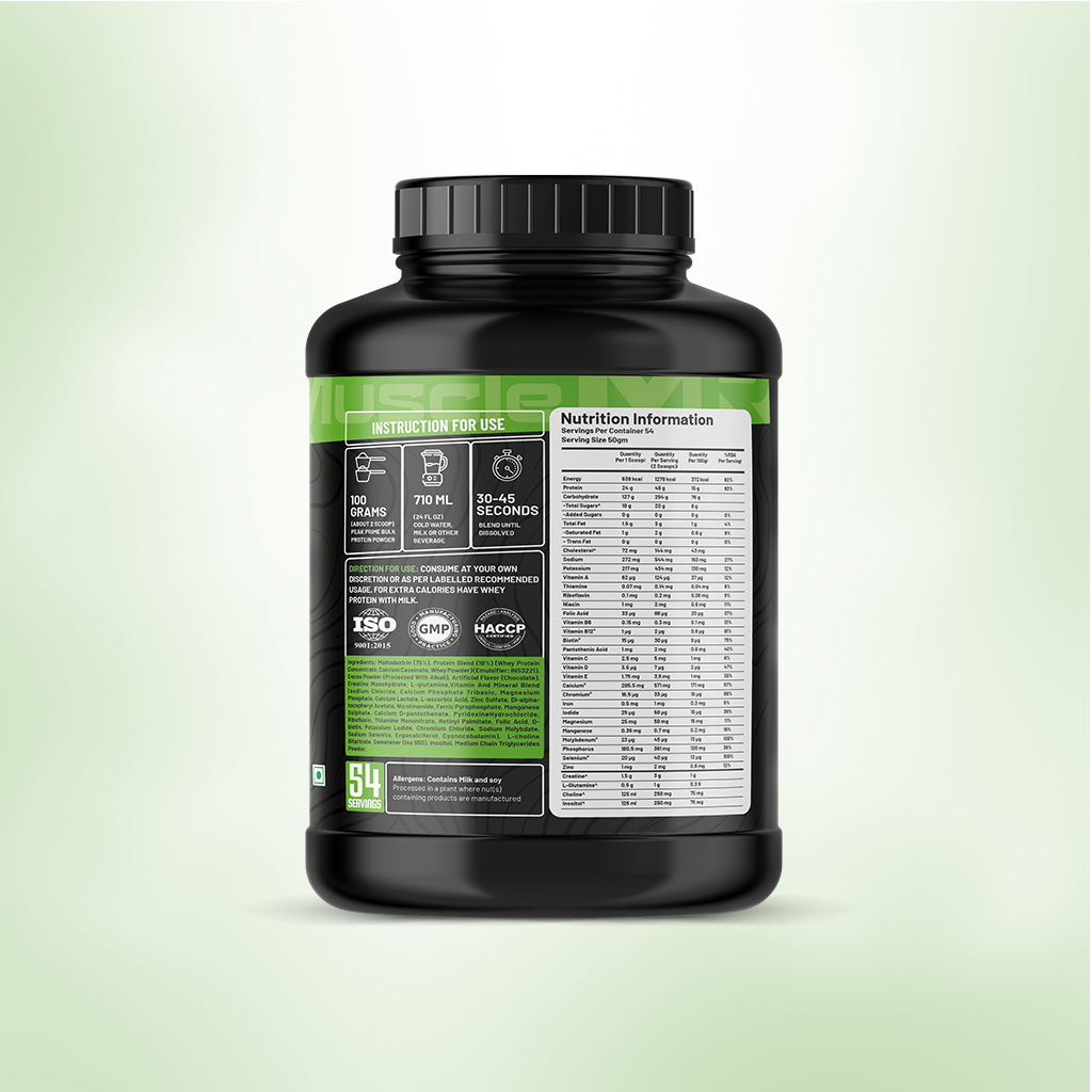 Back view of Muscle Reign Prime Bulk food supplement container showing nutritional information and instructions