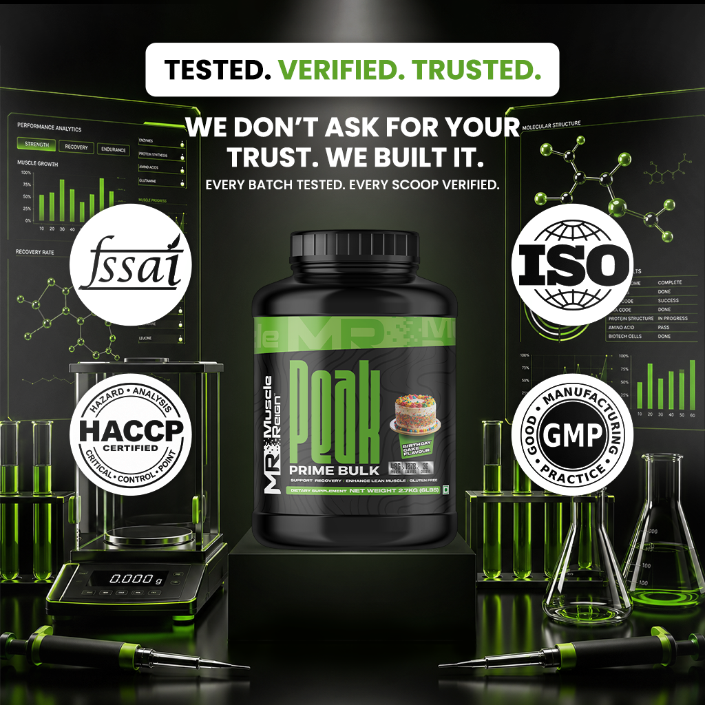 Muscle Reign Prime Bulk food supplement in a black container with verified quality certifications