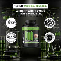 Muscle Reign Prime Bulk food supplement in a black container with verified quality certifications