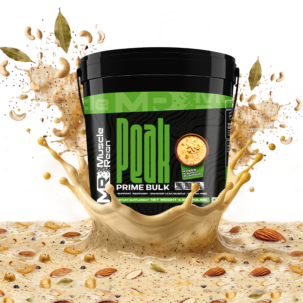 Muscle Reign Prime Bulk food supplement in a black container splashing with ingredients for muscle gain
