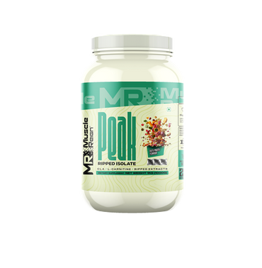 Muscle Reign Ripped Isolate protein supplement in a white container with colorful design