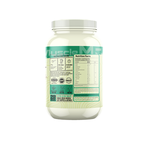 Muscle Reign Ripped Isolate Protein Powder in a white container with nutrition facts displayed