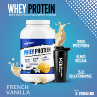 Muscle Reign whey protein 2.2kg in French Vanilla flavor with 25g protein per serving and BCAAs