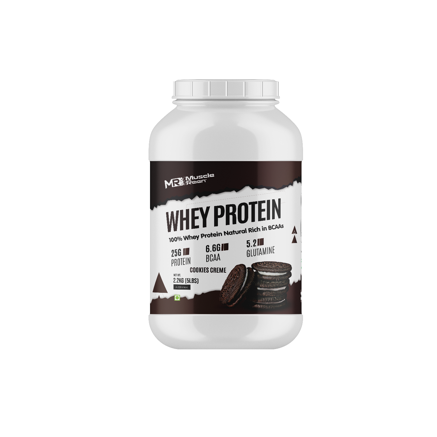 Muscle Reign whey protein 2.2kg in cookies cream flavor with 25g protein per serving