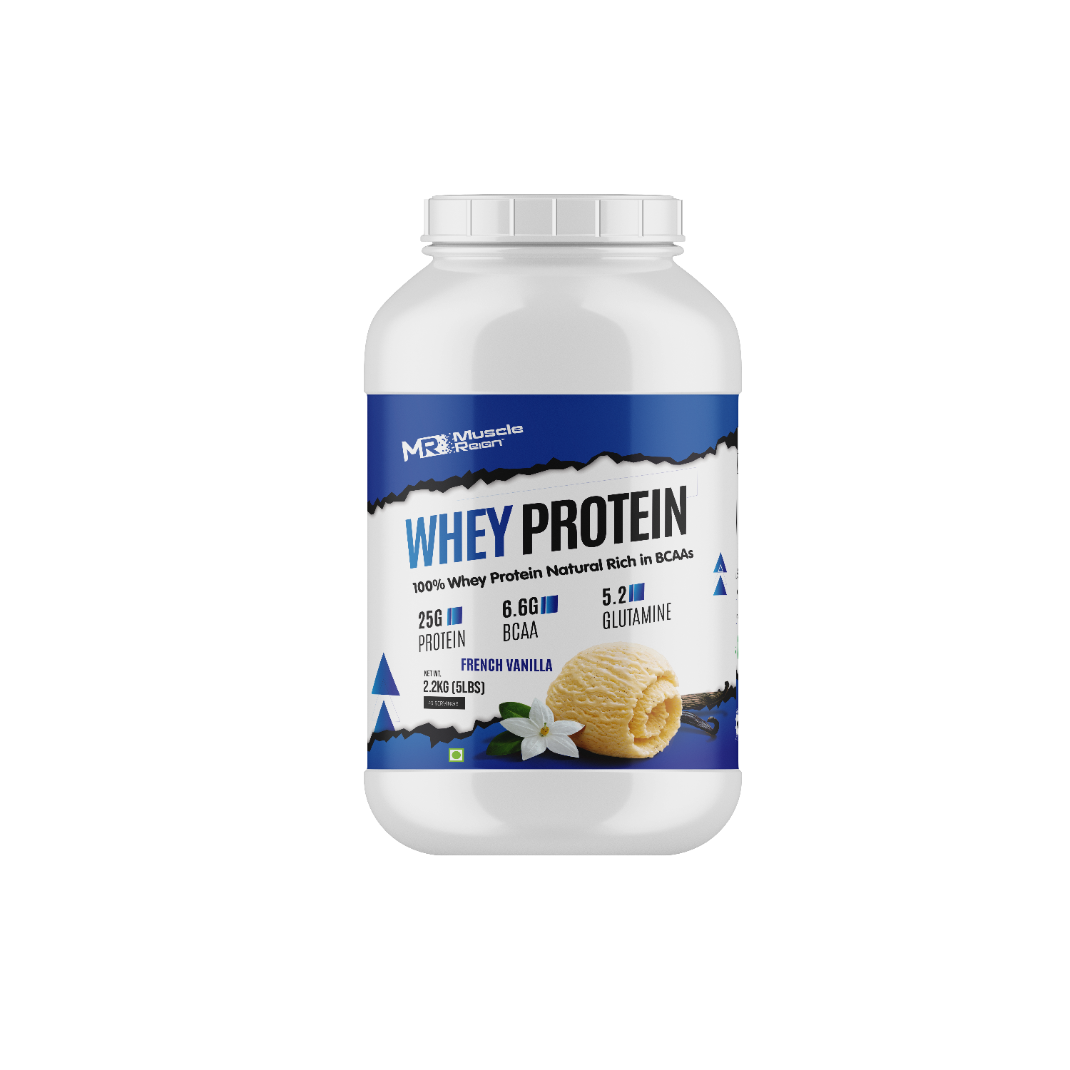 Muscle Reign whey protein 2.2kg tub with 100% whey protein and vanilla flavor for muscle recovery