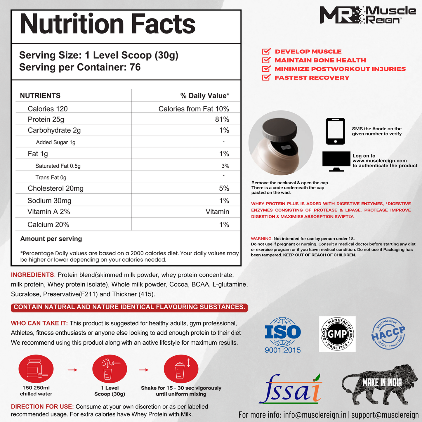 Muscle Reign whey protein 2.2kg nutrition information with details on protein, calories, and serving size