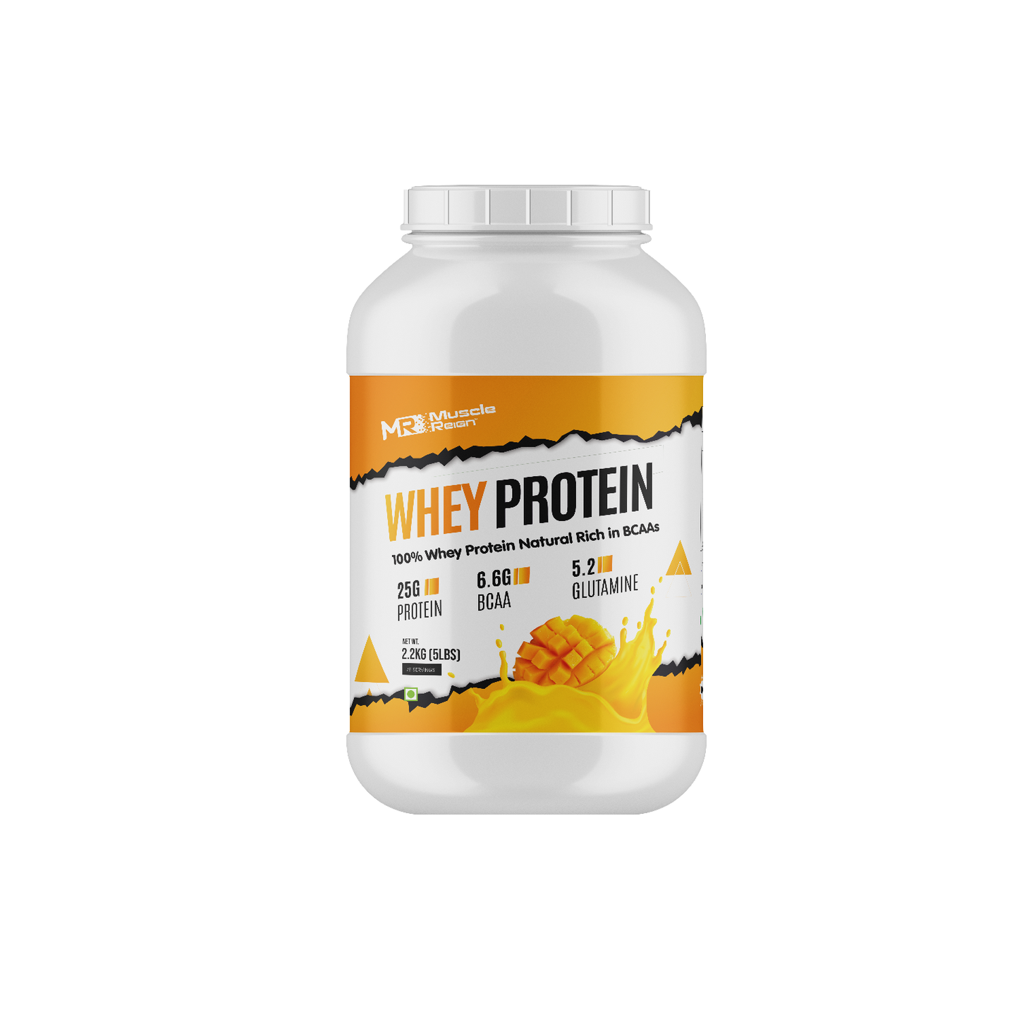 Muscle Reign whey protein 2.2kg tub with 25g protein per serving and BCAA for muscle support