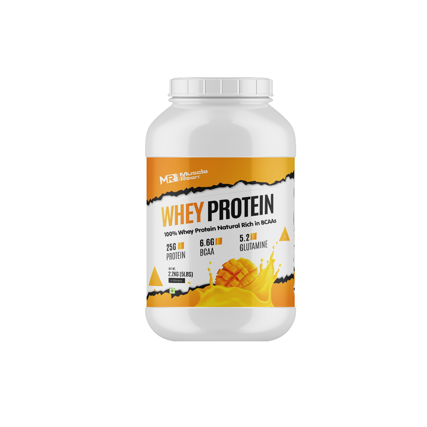 Muscle Reign whey protein 2.2kg tub with 25g protein per serving and BCAA for muscle support