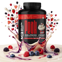 Muscle Reign Whey Protein Concentrated in a black container with mixed berry splash effect