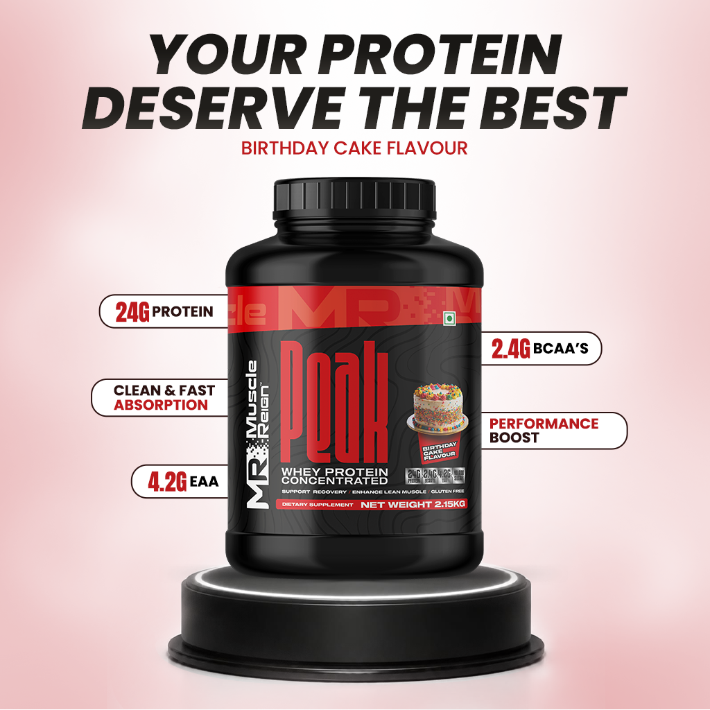 Muscle Reign Peak Whey Protein Concentrated in Birthday Cake flavor with 24g protein per serving