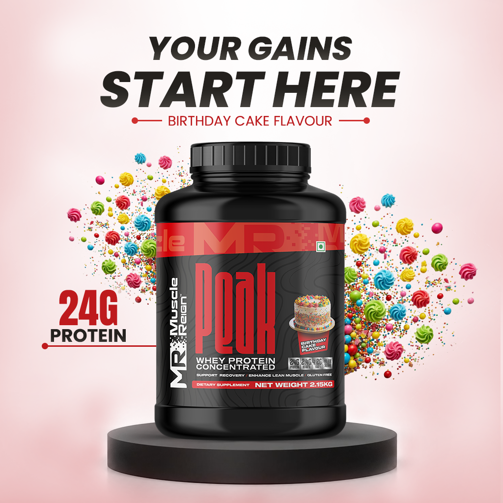 Muscle Reign Peak Whey Protein Concentrated in Birthday Cake Flavor with 24g Protein per Serving