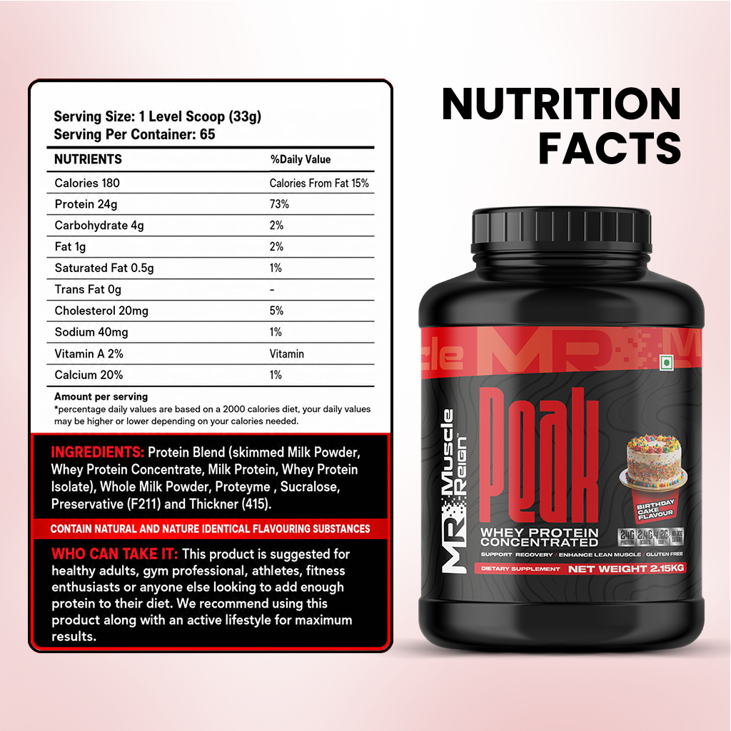 Muscle Reign Whey Protein Concentrated in a Black Container with Serving Facts and Ingredients