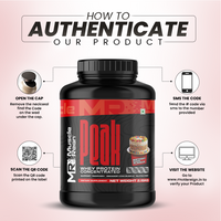 Muscle Reign Peak Whey Protein Concentrated 2.5kg with authentication guide on the label