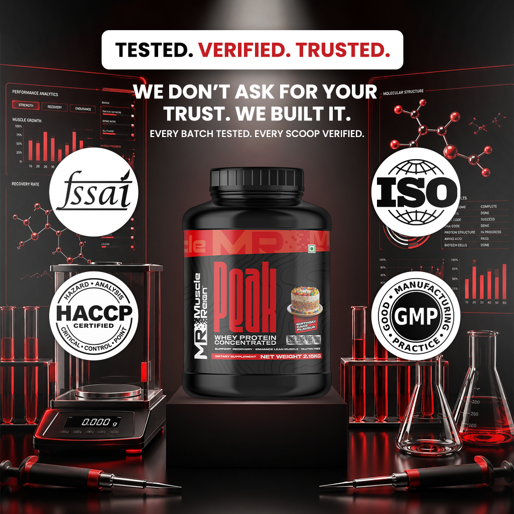 Muscle Reign Whey Protein Concentrated supplement bottle with certifications and laboratory background