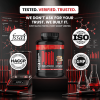 Muscle Reign Whey Protein Concentrated supplement bottle with certifications and laboratory background
