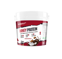 Muscle Reign whey protein powder in a white bucket featuring Belgian chocolate flavor and high protein content