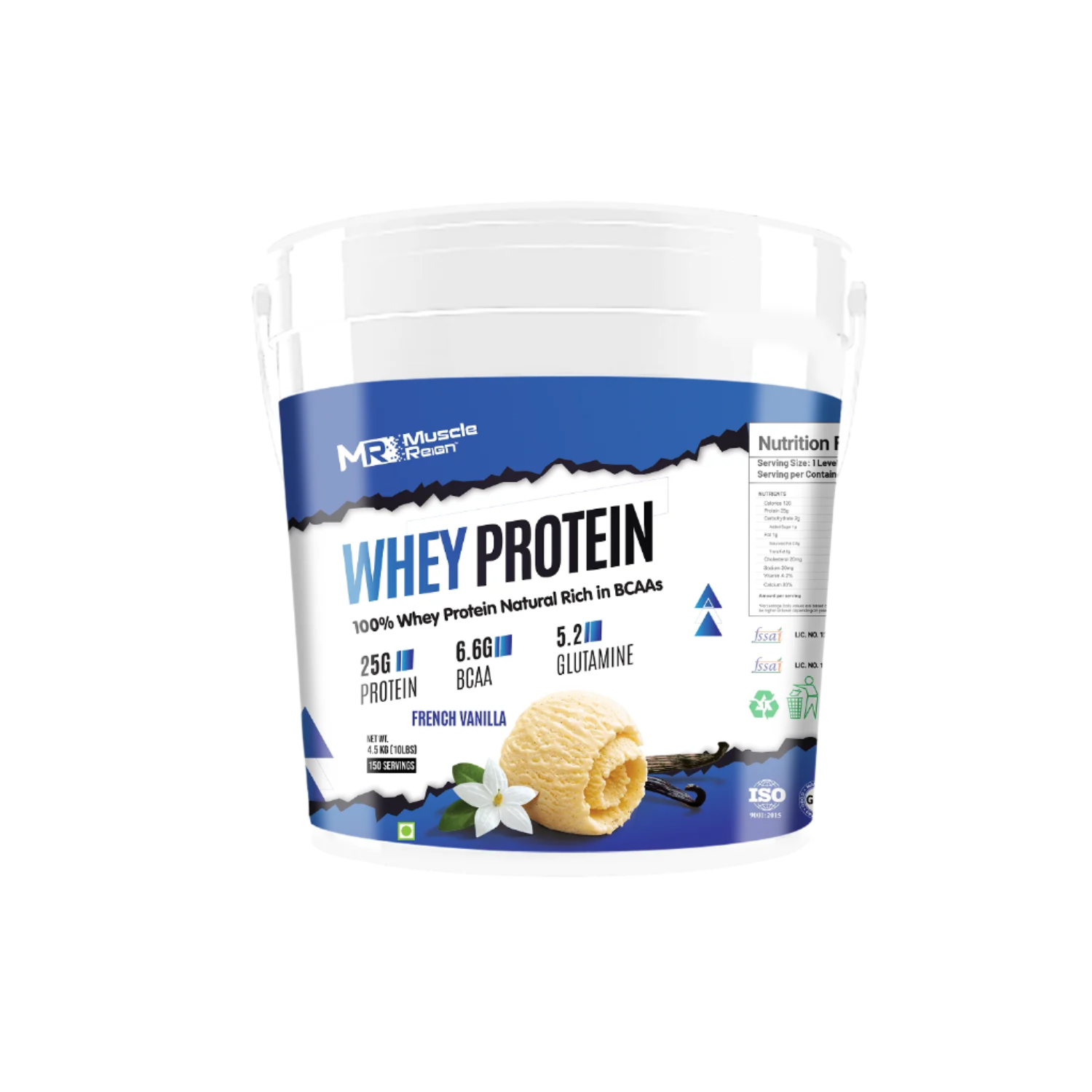 Muscle Reign whey protein powder in French Vanilla flavor with 256 grams of protein per serving