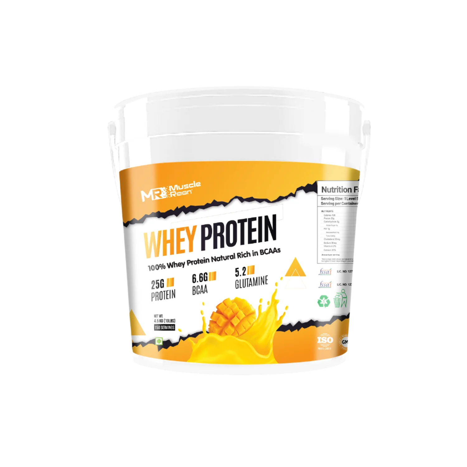 Muscle Reign whey protein powder in a white tub with 25g protein and BCAAs for muscle recovery