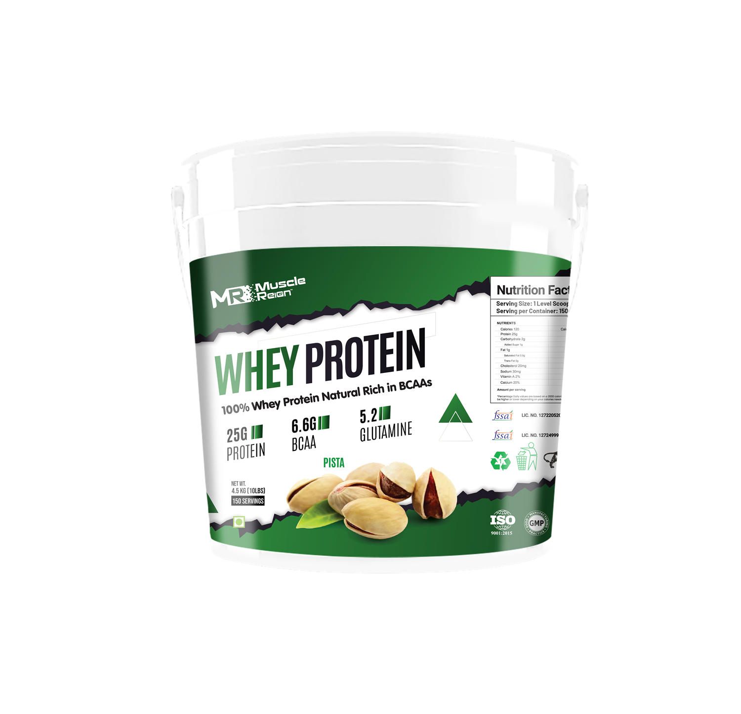 Muscle Reign whey protein powder in a large container, offering 26g protein per serving and rich in BCAAs