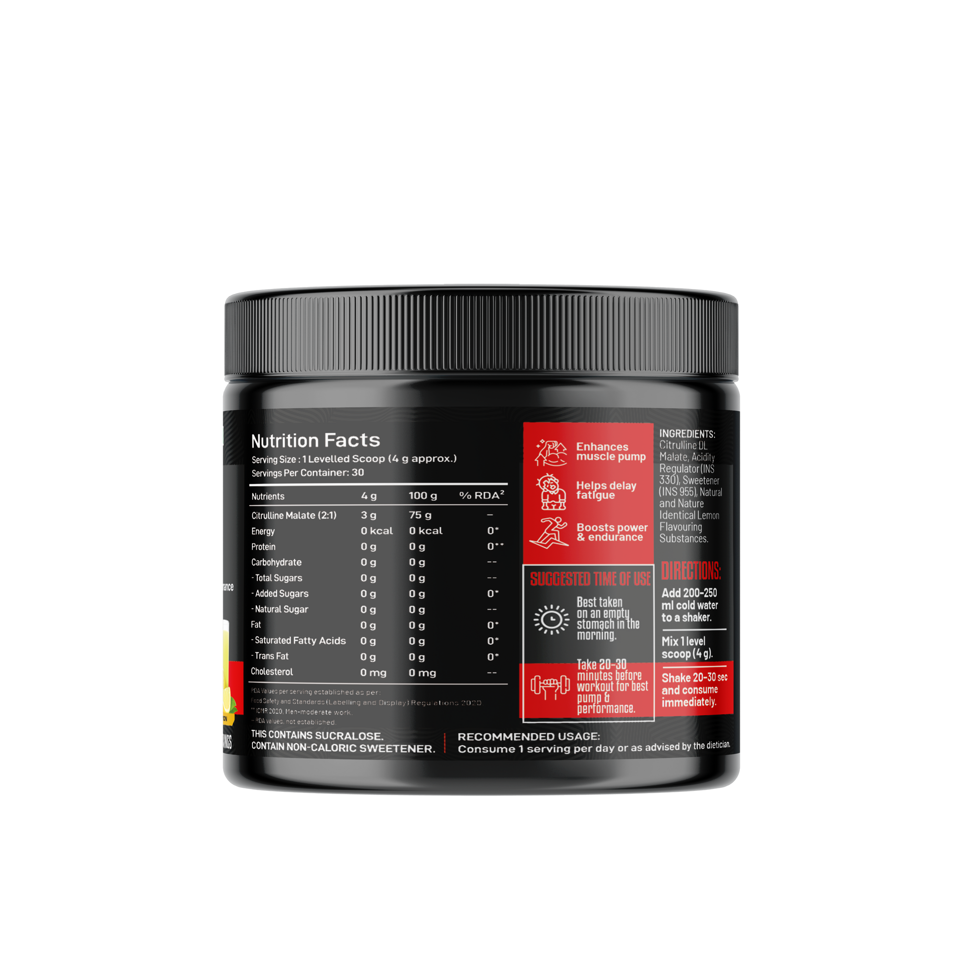 Muscle Reign Citrulline Malate Food Supplement Container with Nutrition Facts Label