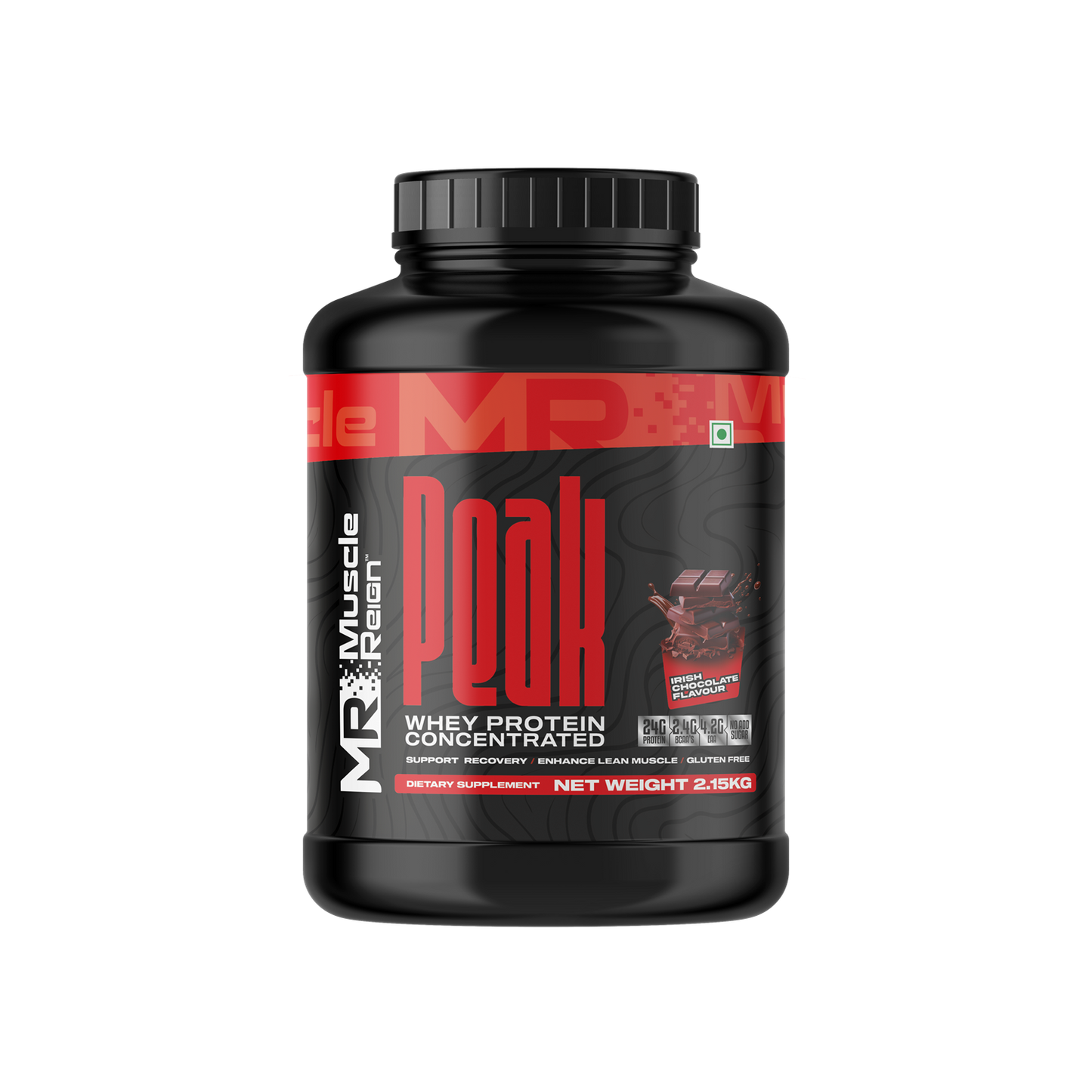 Muscle Reign Peak Whey Protein Concentrate in a black container, featuring high protein powder with BCAA and EAA
