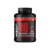 Muscle Reign Peak Whey Protein Concentrate in a black container, featuring high protein powder with BCAA and EAA