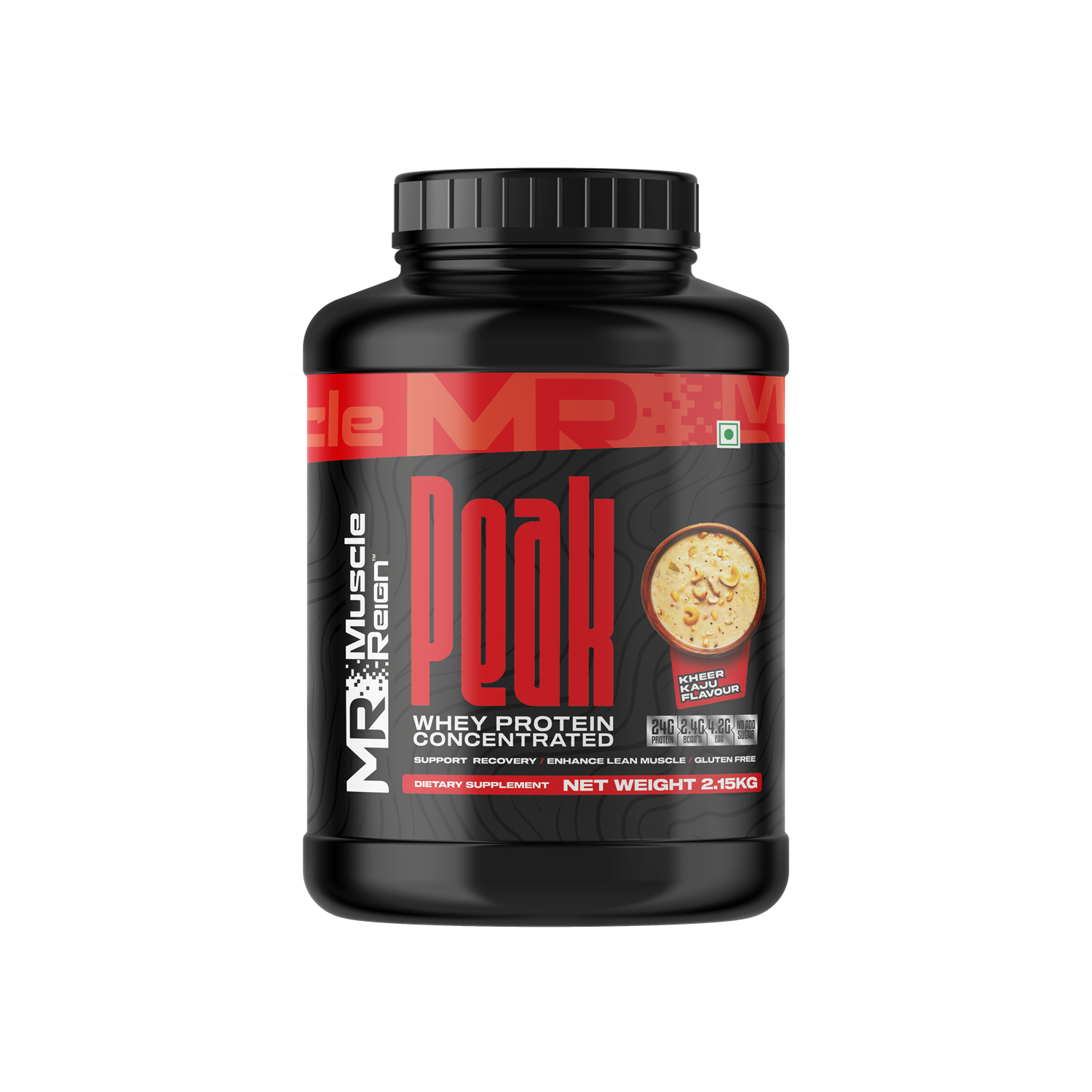 Muscle Reign Peak Whey Protein Concentrate in a 2.15kg container, featuring high protein powder with BCAA and EAA