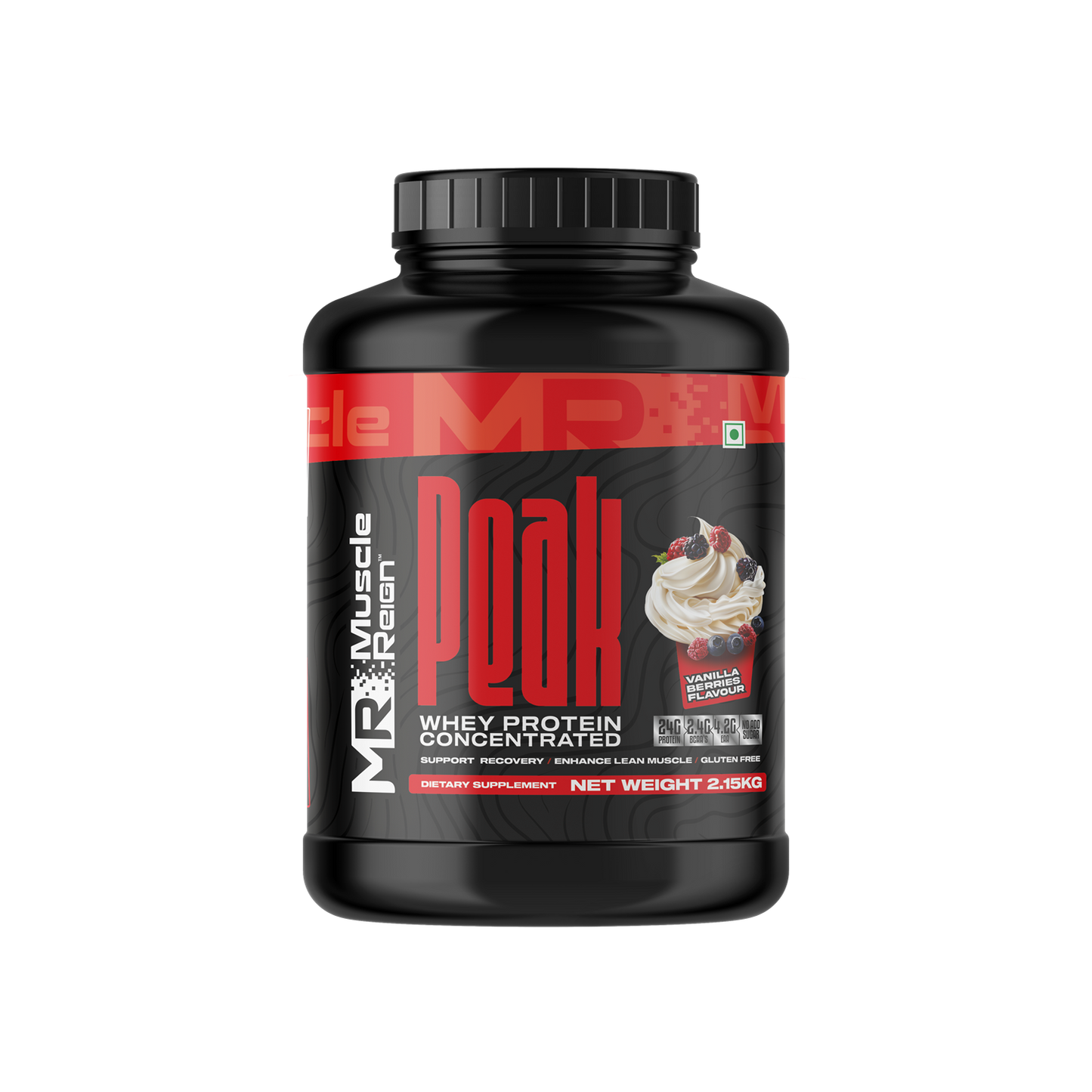 Muscle Reign Peak Whey Protein Concentrate 24g Protein + 2.4g BCAA's + 4.2g EAA No Add Sugar  2.15Kg [4.74 Lbs]+Free Shaker