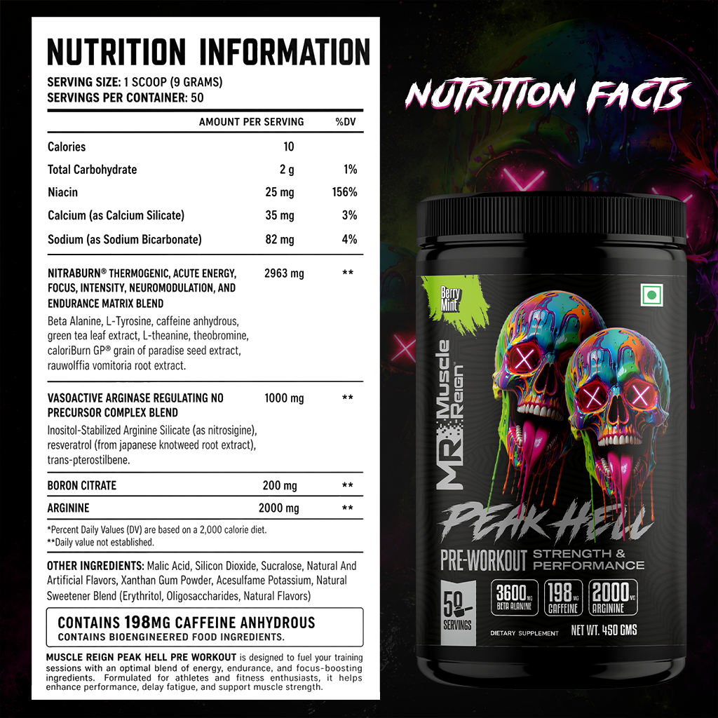 Muscle Reign Peak Hell Pre-Workout nutrition facts — 9g serving size, 50 servings, Nitraburn blend 2963mg, Arginine 2000mg, Boron Citrate 200mg, 198mg Caffeine Anhydrous