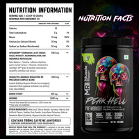 Muscle Reign Peak Hell Pre-Workout nutrition facts — 9g serving size, 50 servings, Nitraburn blend 2963mg, Arginine 2000mg, Boron Citrate 200mg, 198mg Caffeine Anhydrous