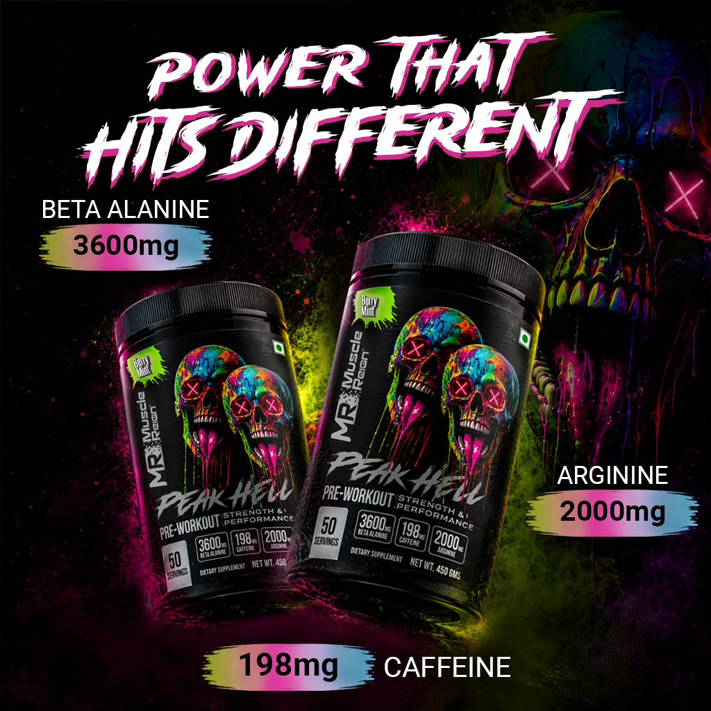 Muscle Reign Peak Hell Pre-Workout key ingredients — 3600mg Beta Alanine, 198mg Caffeine, 2000mg Arginine for strength and performance