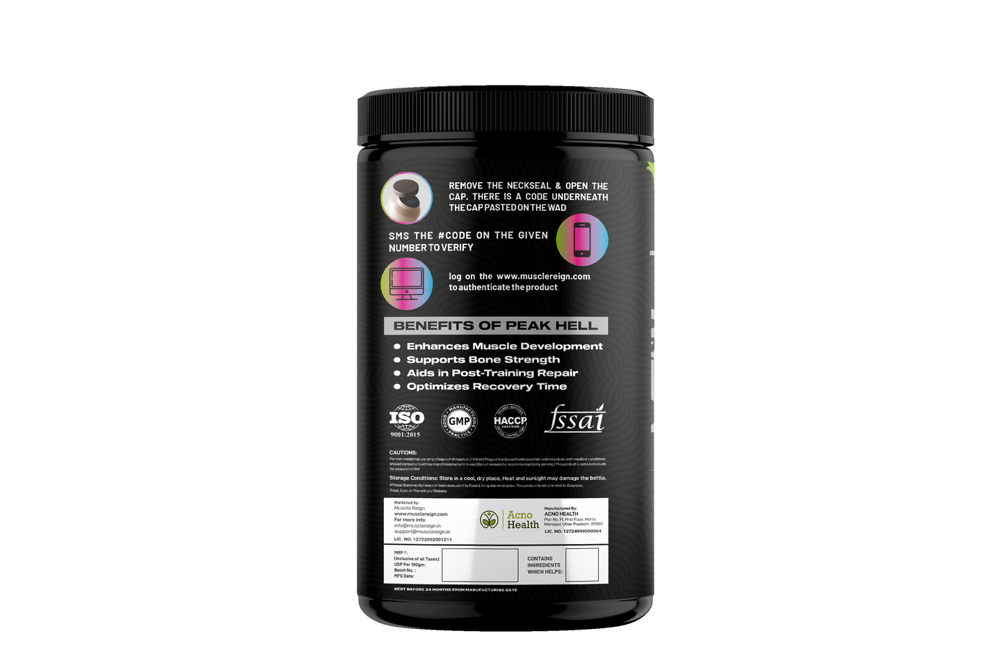 Muscle Reign Peak Hell pre-workout supplement container with benefits listed for muscle development and recovery