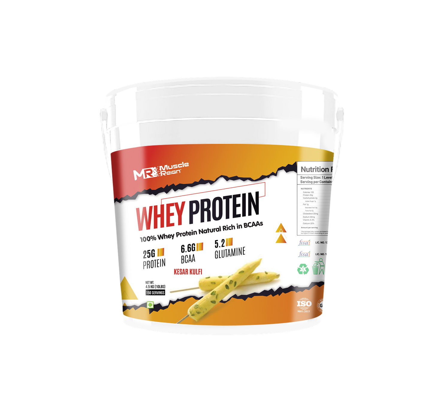 Muscle Reign Whey Protein 4.5kg 10Lbs+25Gm Protein+6.6Gm BCAA+5.2 Glutamine 150 Serving