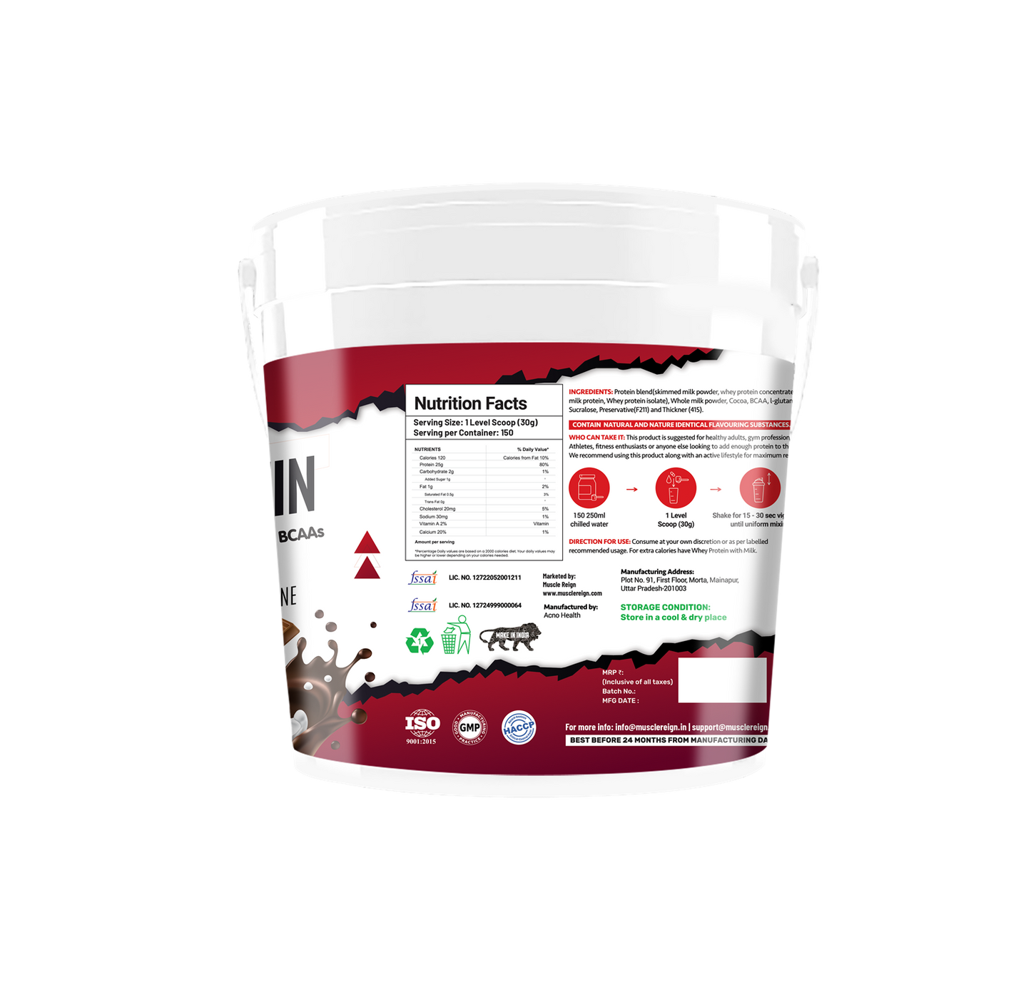 Muscle Reign Whey Protein 4.5kg 10Lbs+25Gm Protein+6.6Gm BCAA+5.2 Glutamine 150 Serving