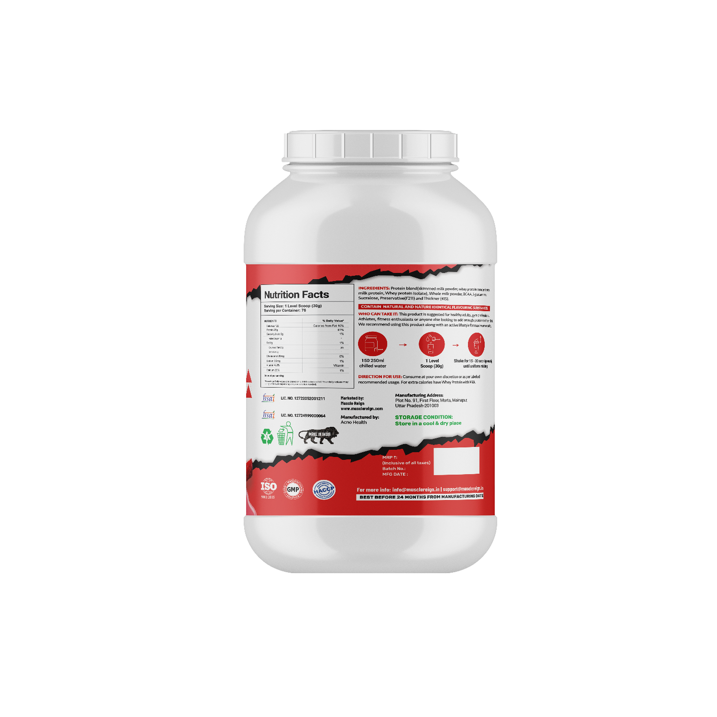 Muscle Reign Whey Protein 2.2kg 5Lbs+25Gm Protein+6.6Gm BCAA+5.2 Glutamine + Free Shaker