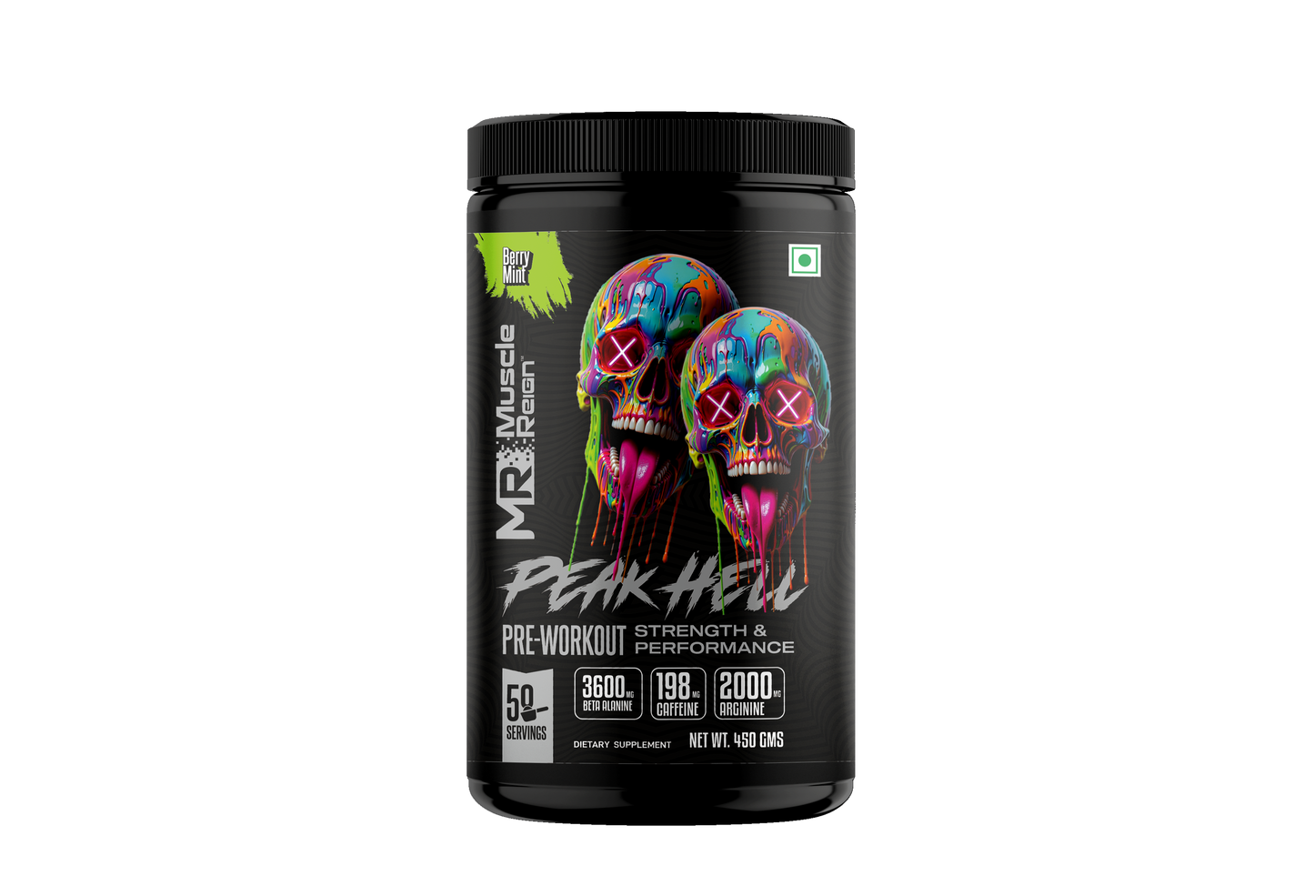 Muscle Reign Peak Hell pre-workout supplement in a black container with vibrant skull design for strength and performance