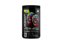Pre-workout supplement container with colorful skull design on a white background


