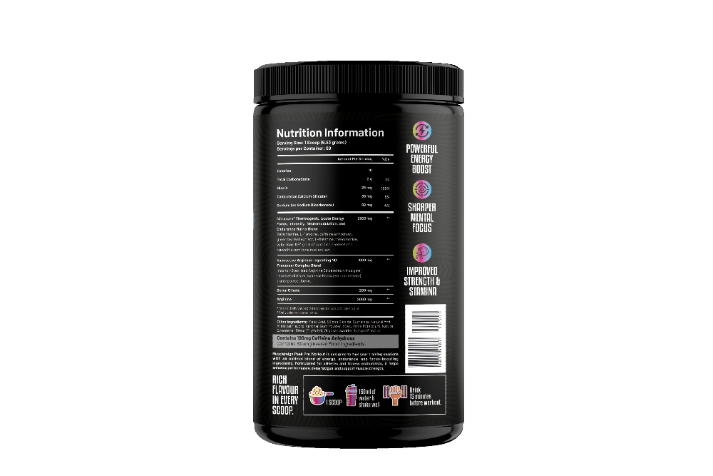 Black supplement container with nutrition information label on a white background