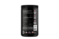 Black supplement container with nutrition information label on a white background