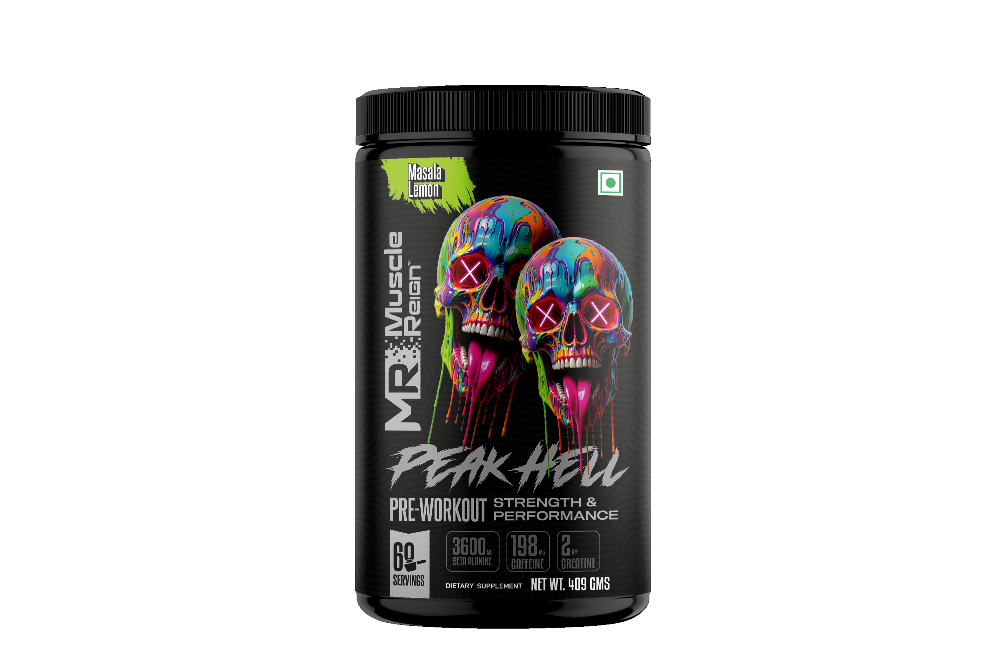 Pre-workout supplement container with colorful skull design on a white background