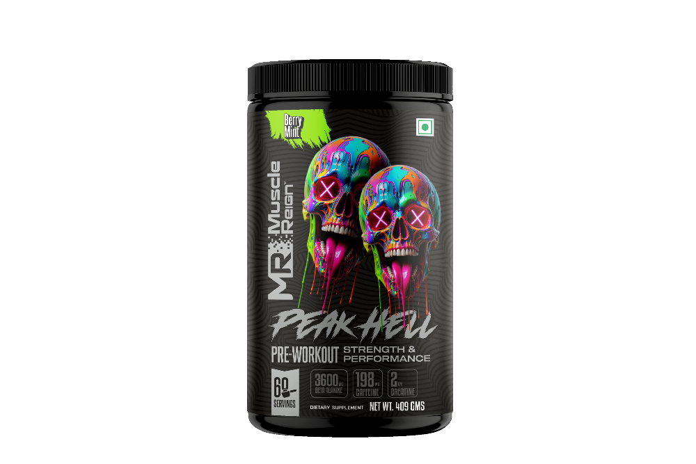 Pre-workout supplement container with colorful skull design on a white background