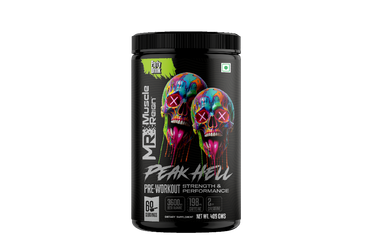 Pre-workout supplement container with colorful skull design on a white background